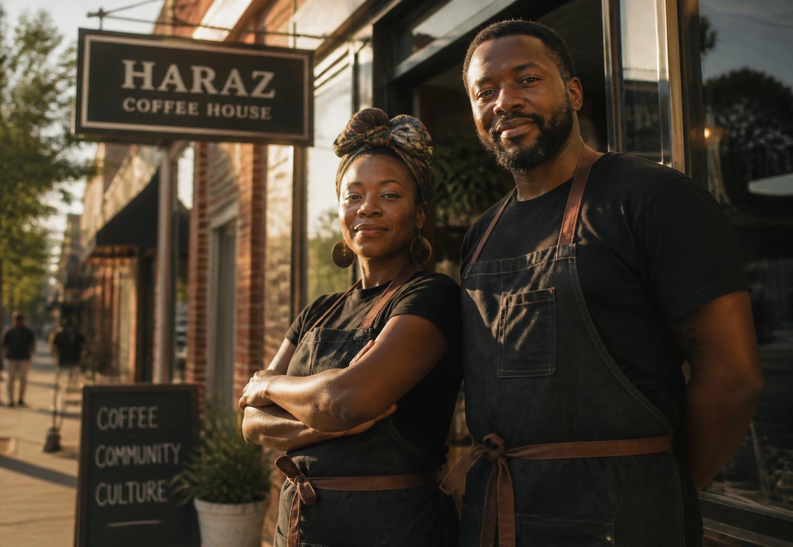 Two Black business owners standing proudly outside their neighborhood storefront