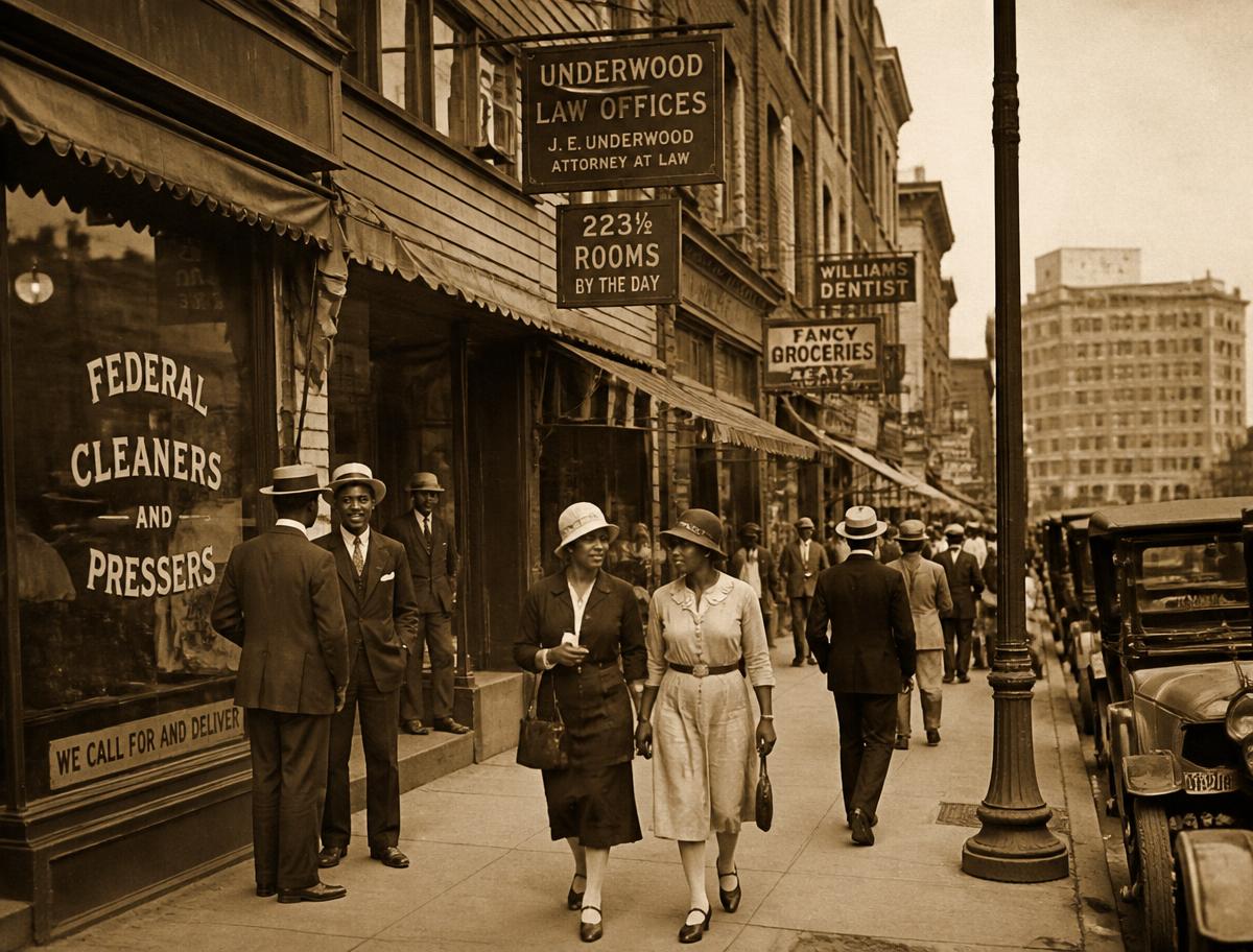 Historic Black business district with storefronts and shoppers, in the spirit of Black Wall Street
